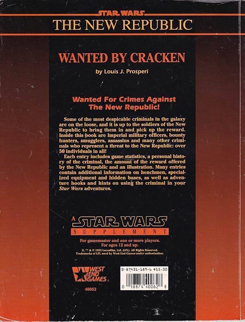 Star Wars The New Republic D6 Wanted by Cracken (B Grade) (Genbrug)
